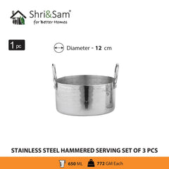 Stainless Steel Hammered Serving Donga Set of 3 Pcs