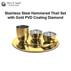 Stainless Steel Hammered Thali Set with Gold PVD Coating Diamond