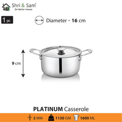 Stainless Steel Heavy Weight Casserole with SS Lid Platinum