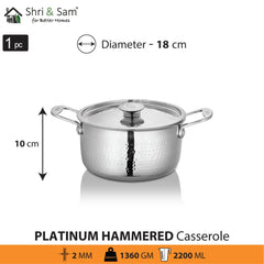 Stainless Steel Heavy Weight Hammered Casserole with SS Lid Platinum