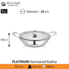 Stainless Steel Heavy Weight Hammered Kadhai with SS Lid Platinum