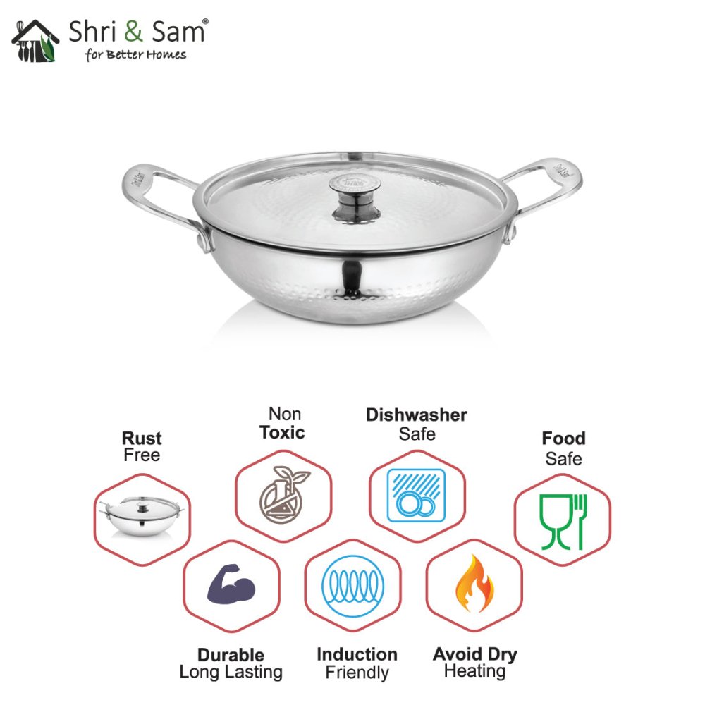 Stainless Steel Heavy Weight Hammered Kadhai with SS Lid Platinum