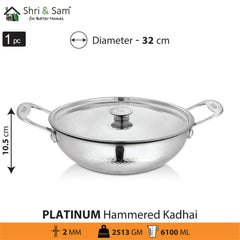 Stainless Steel Heavy Weight Hammered Kadhai with SS Lid Platinum