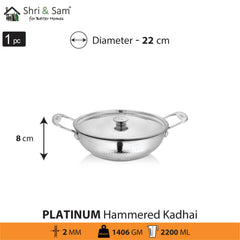 Stainless Steel Heavy Weight Hammered Kadhai with SS Lid Platinum