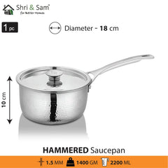 Stainless Steel Heavy Weight Hammered Sauce Pan with SS Lid Platinum