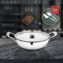 Stainless Steel Heavy Weight Kadhai with SS Lid Platinum