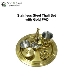 Stainless Steel Pooja Thali Set with Gold PVD Coating