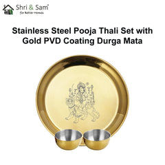 Stainless Steel Pooja Thali Set with Gold PVD Coating Durga Mata