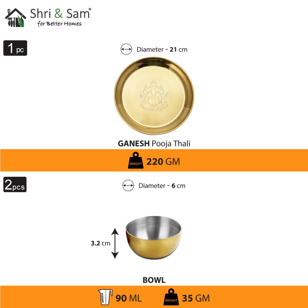 Stainless Steel Pooja Thali Set with Gold PVD Coating Ganesh