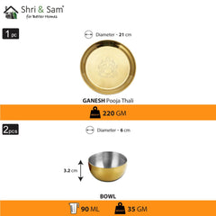 Stainless Steel Pooja Thali Set with Gold PVD Coating Ganesh
