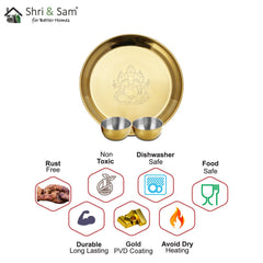 Stainless Steel Pooja Thali Set with Gold PVD Coating Ganesh