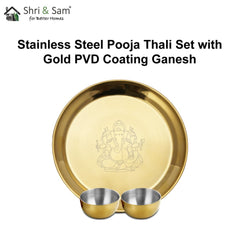 Stainless Steel Pooja Thali Set with Gold PVD Coating Ganesh