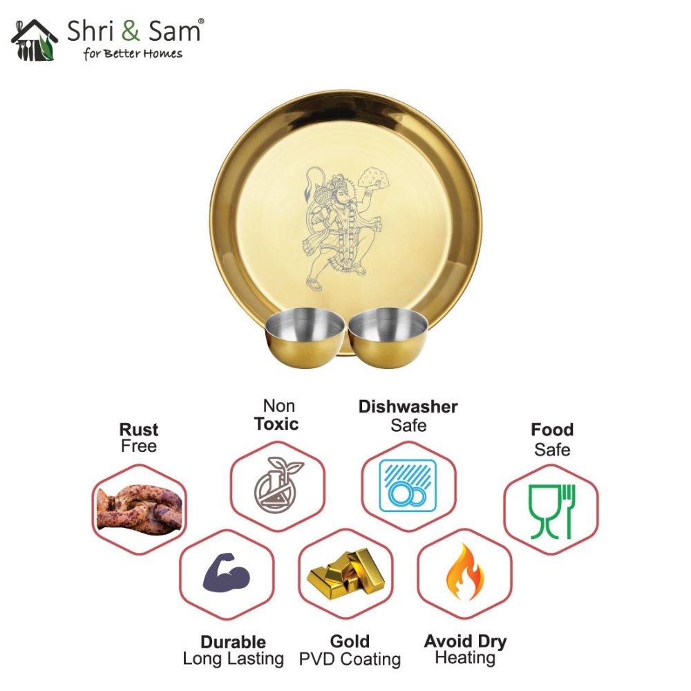 Stainless Steel Pooja Thali Set with Gold PVD Coating Hanuman