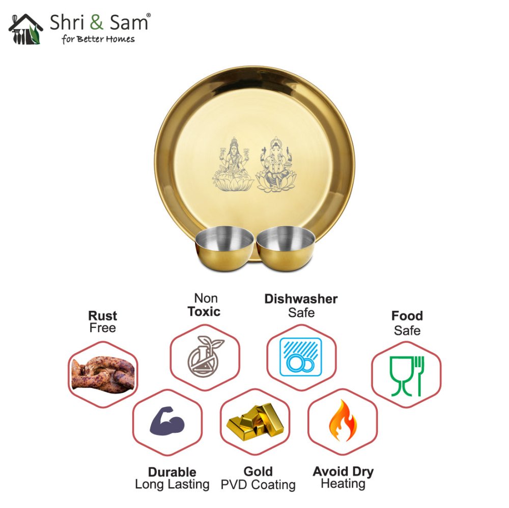 Stainless Steel Pooja Thali Set with Gold PVD Coating Laxmi & Ganesh