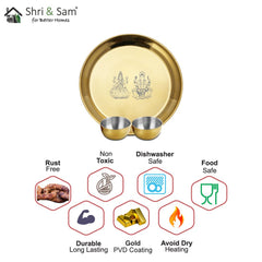 Stainless Steel Pooja Thali Set with Gold PVD Coating Laxmi & Ganesh