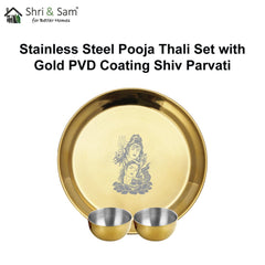 Stainless Steel Pooja Thali Set with Gold PVD Coating Shiv Parvati