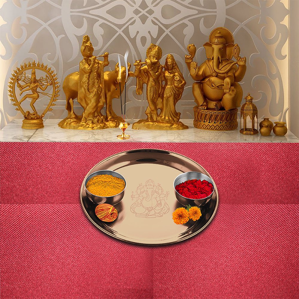 Stainless Steel Pooja Thali Set with Rose Gold PVD Coating Ganesh