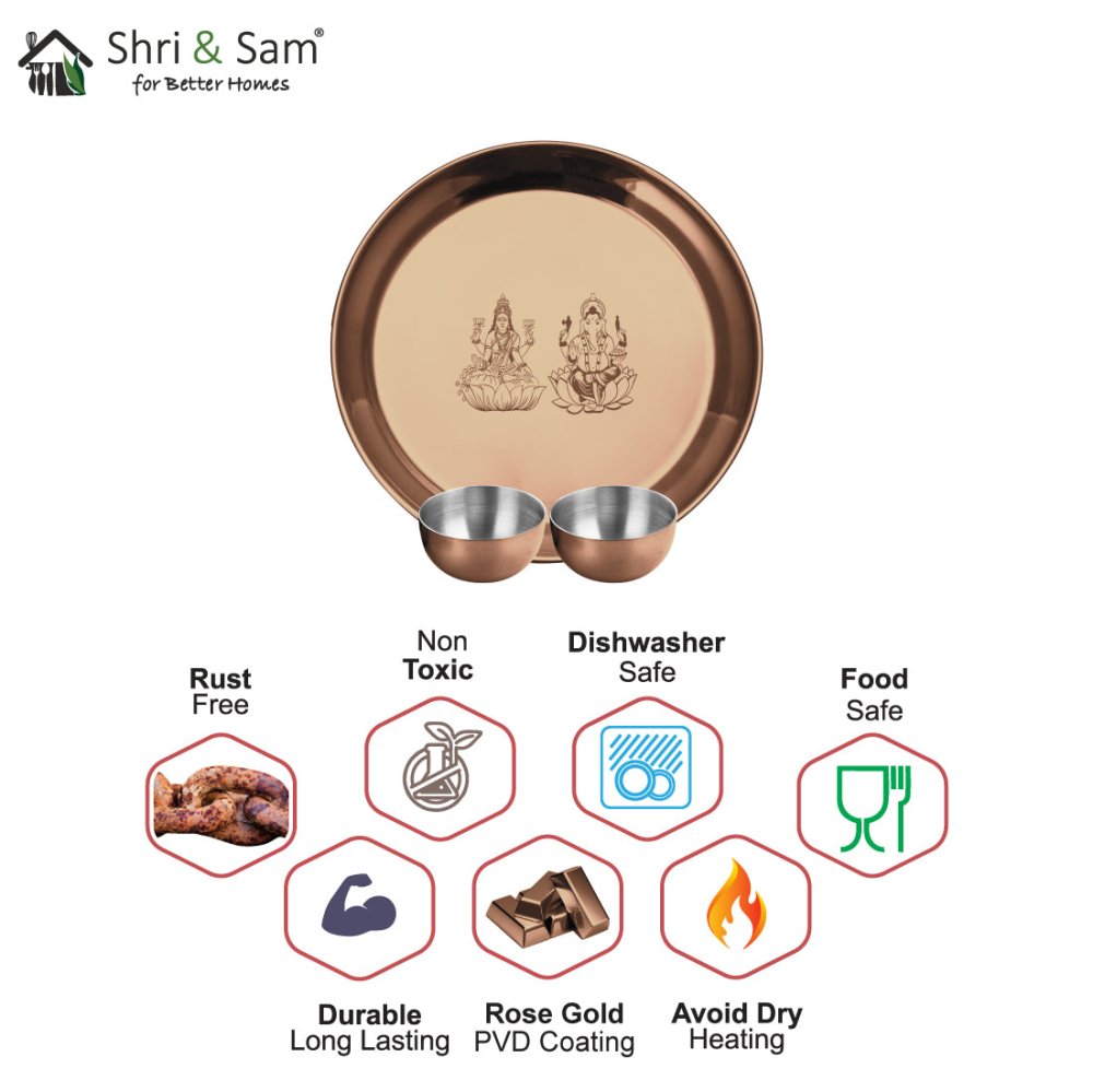 Stainless Steel Pooja Thali Set with Rose Gold PVD Coating Laxmi & Ganesh