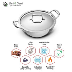 Stainless Steel Triply Bharat Extra Deep Kadhai with SS Lid