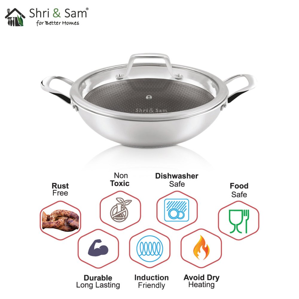 Stainless Steel Triply Non - Stick Kadhai with Glass Lid Linocut