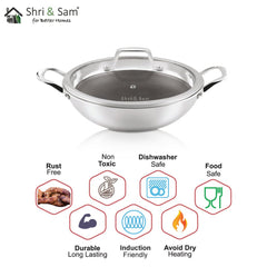 Stainless Steel Triply Non - Stick Kadhai with Glass Lid Linocut