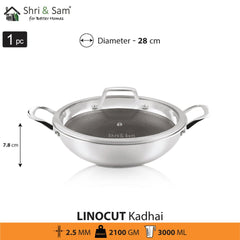 Stainless Steel Triply Non - Stick Kadhai with Glass Lid Linocut