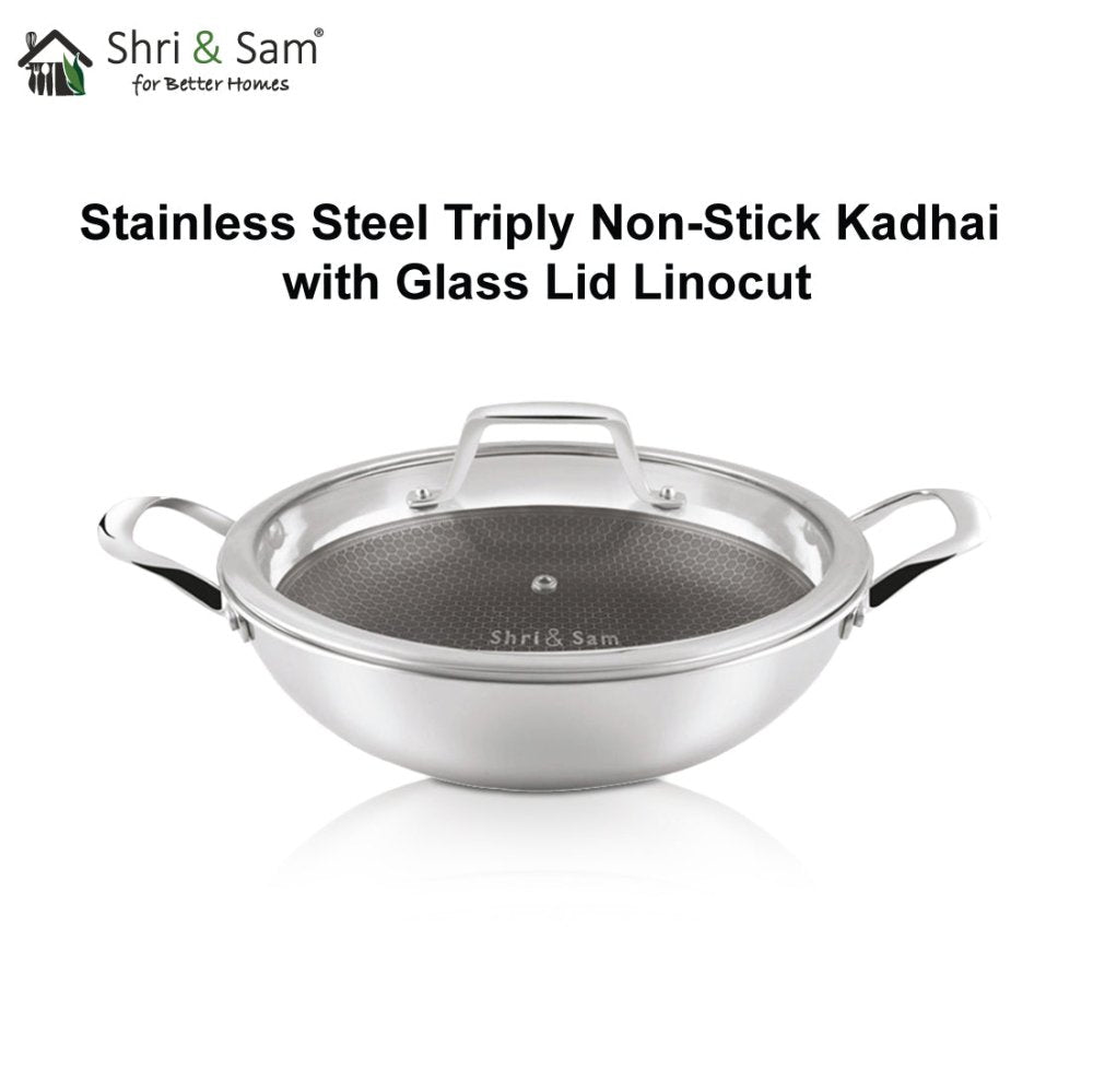 Stainless Steel Triply Non - Stick Kadhai with Glass Lid Linocut