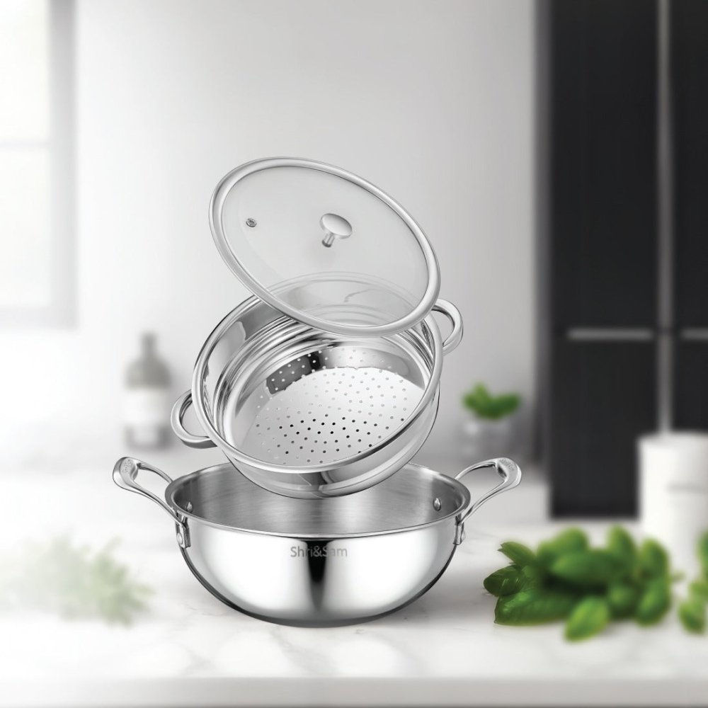Triply Bharat Stainless Steel Kadai with Steamer & Glass Lid
