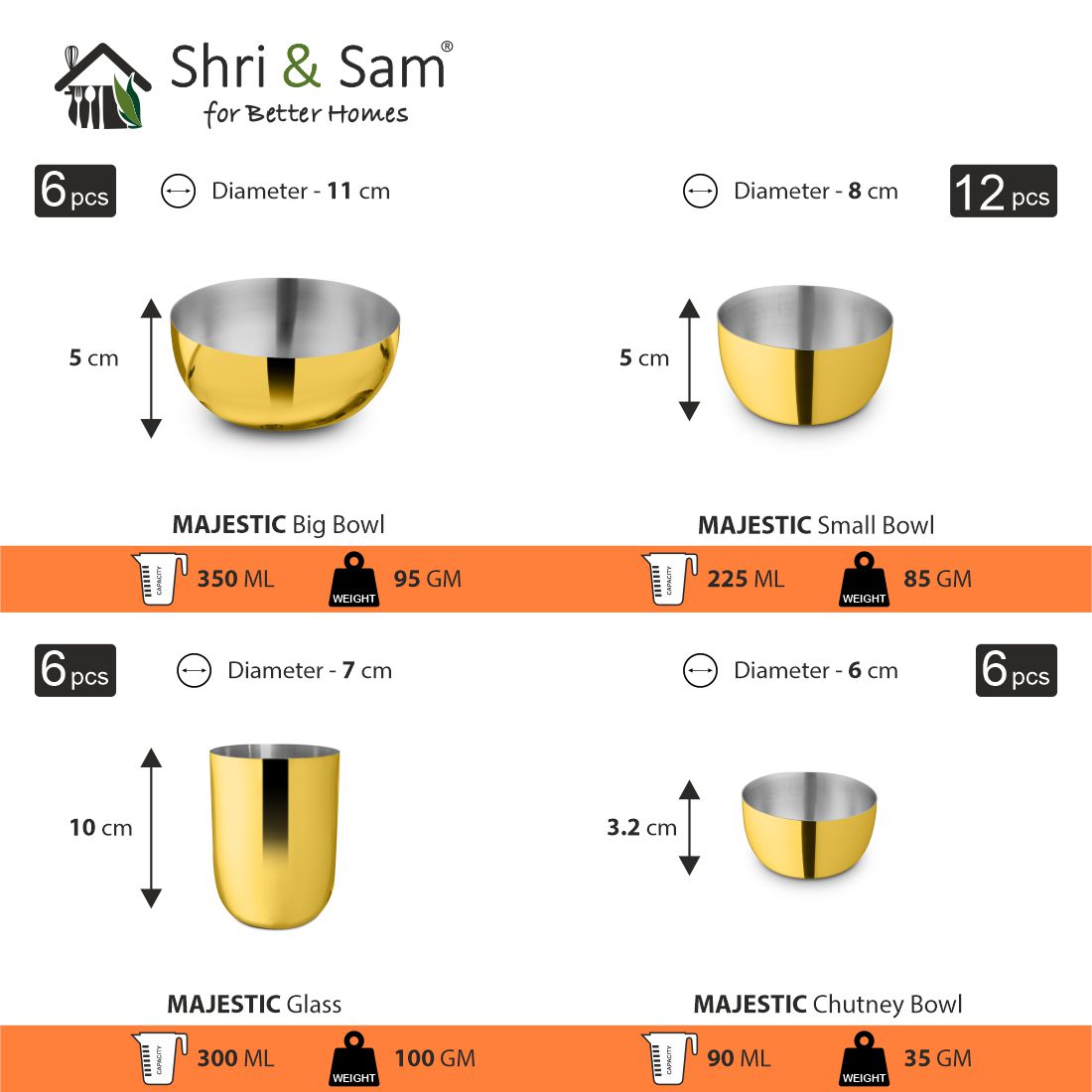 Stainless Steel 72 PCS Dinner Set (6 People) with Gold PVD Coating Majestic