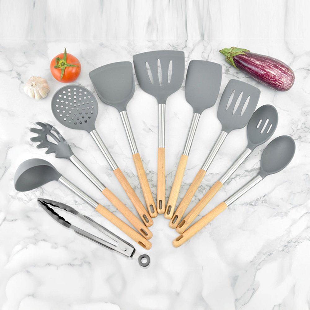 10 PCS Silicon Kitchen Tool Set with Wooden Handle