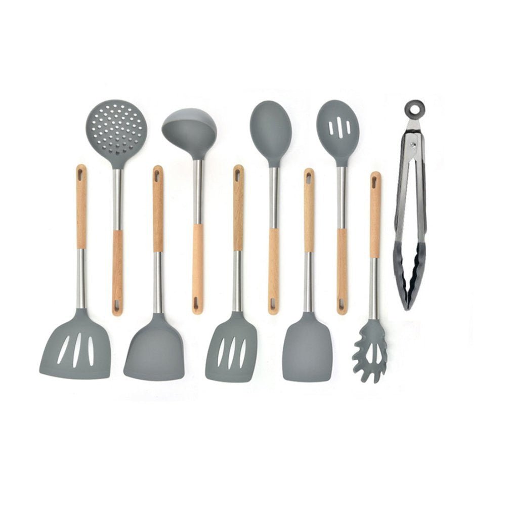 10 PCS Silicon Kitchen Tool Set with Wooden Handle