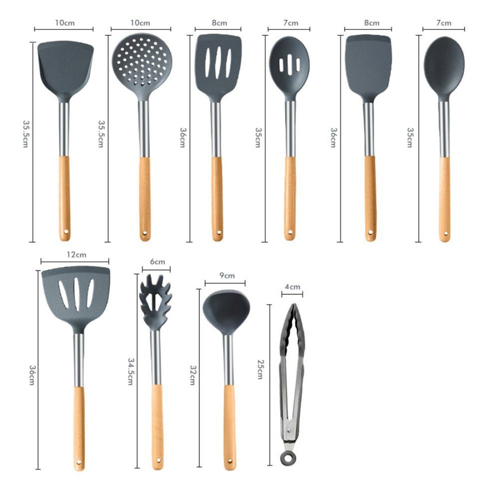 10 PCS Silicon Kitchen Tool Set with Wooden Handle