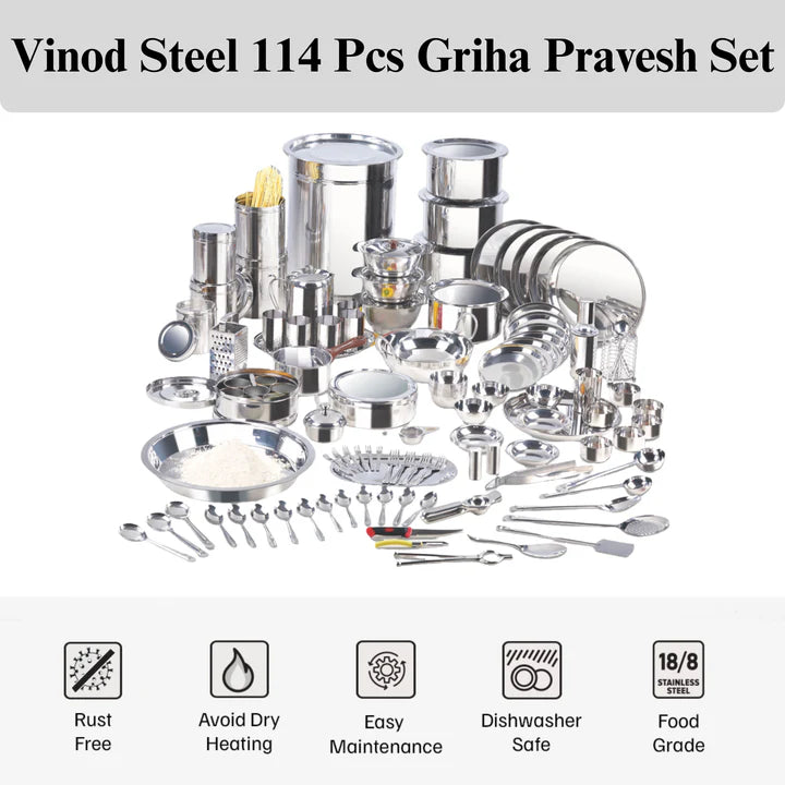 VINOD 114 Pieces Griha Pravesh Kitchen Set Ideal Gift Choice for Anniversaries, Weddings & for Giveaways to your Family