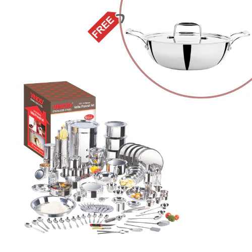 114 Pieces Deluxe Griha Pravesh Set with Complimentary Pawali and Kadai Ideal for Weddings and Housewarming Gifting