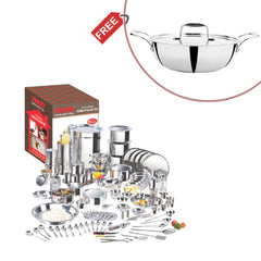 114 Pieces Deluxe Griha Pravesh Set with Complimentary Pawali and Kadai Ideal for Weddings and Housewarming Gifting