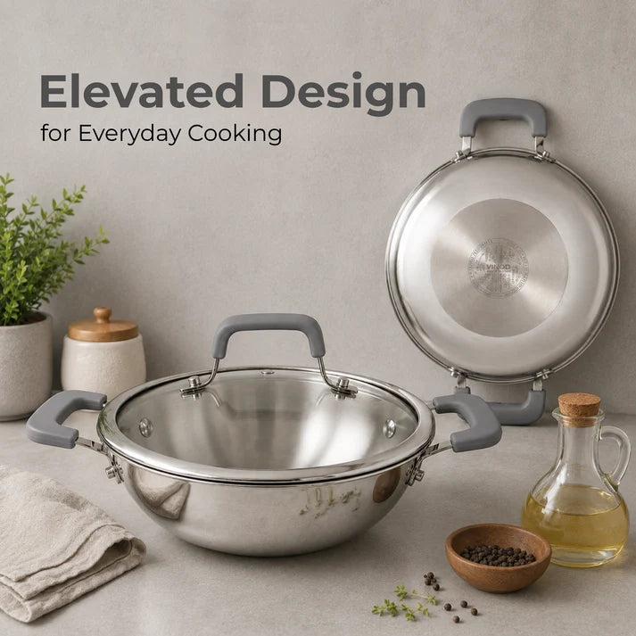 Vinod Luxe Triply (SAS Metal) Kadai with Glass Lid (Induction Friendly)