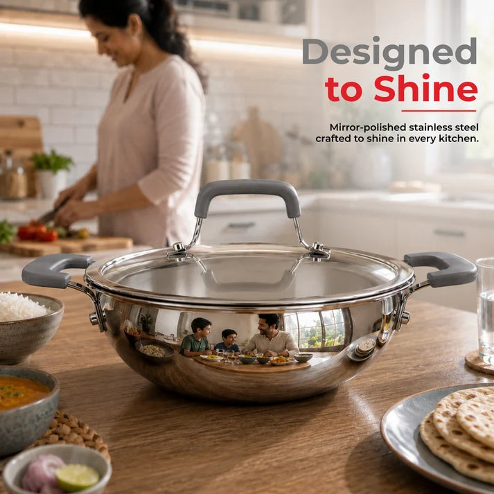 Vinod Luxe Triply (SAS Metal) Kadai with Glass Lid (Induction Friendly)