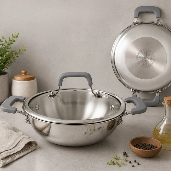 Vinod Luxe Triply (SAS Metal) Kadai with Glass Lid (Induction Friendly)