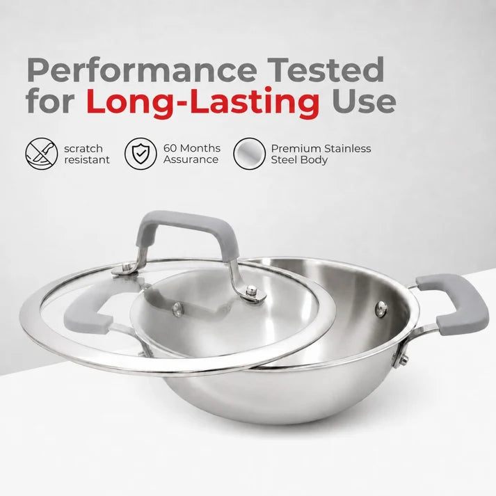 Vinod Luxe Triply (SAS Metal) Kadai with Glass Lid (Induction Friendly)