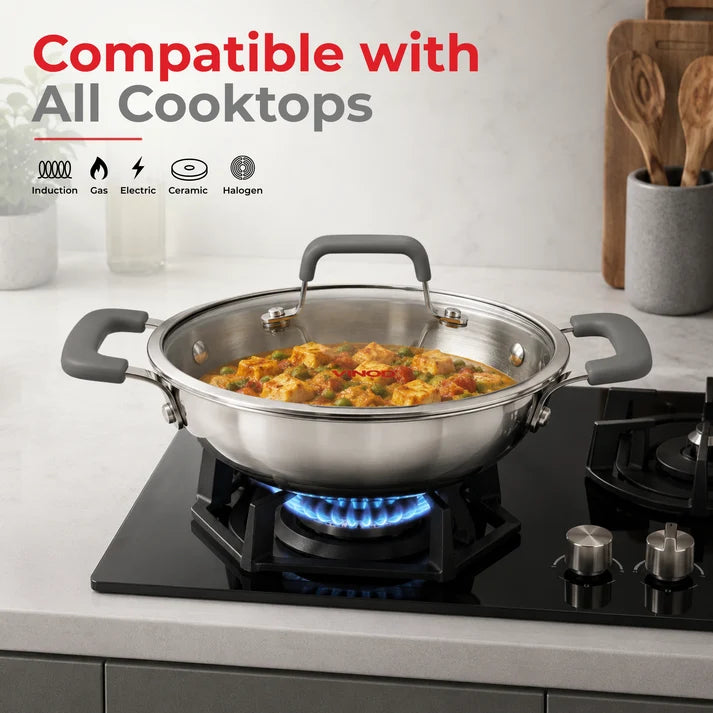 Vinod Luxe Triply (SAS Metal) Kadai with Glass Lid (Induction Friendly)