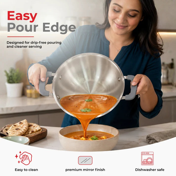 Vinod Luxe Triply (SAS Metal) Kadai with Glass Lid (Induction Friendly)
