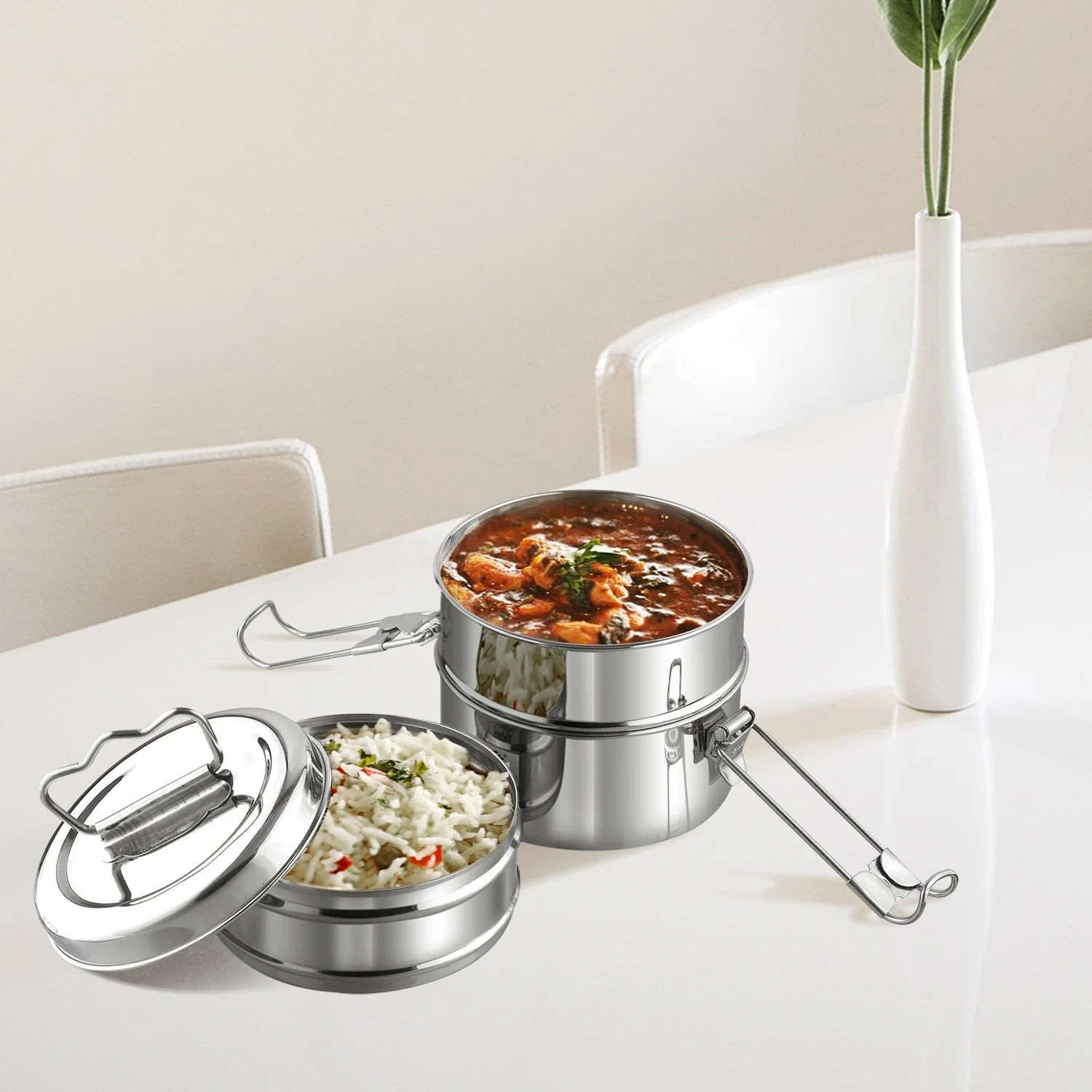 Kraft Lunch Box-Food Container Two Tier Compartment with Handle - Stainless Steel