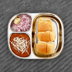 Vinod Stainless Steel 3 Compartment Plate with Round Edges/ Pav Bhaji Plates/ Idli Sambhar Breakfast Plate / Steel Plates for Lunch/Dinner [Pack of 2 ]