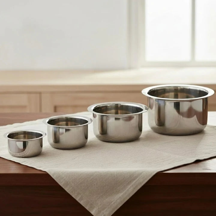 VINOD Stainless Steel Induction Friendly Flat Bottom Tope 4 Pieces Set 3.7 Ltr, 4.6 Ltr, 5.5 Ltr & 6.7 Ltr With Strong Durable Steel