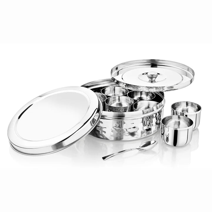 VINOD Hammered Stainless Steel Masala Dabba / Spice Box with 7 Containers, Spoon & Inner Lid, Rust Resistant, High-Quality