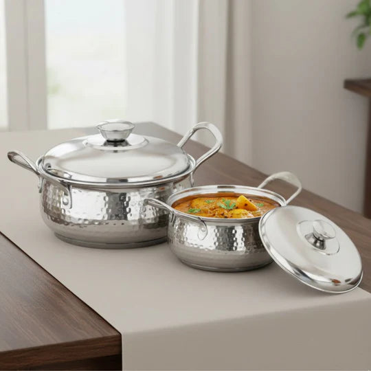 Vinod Stainless Steel Milano Hammered Serving Casserole With Steel Lid & Side Handle - Set of 2 Pcs - 1230 ml & 1630 ml - 16 cm & 18 cm