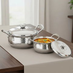 Vinod Stainless Steel Milano Hammered Serving Casserole With Steel Lid & Side Handle - Set of 2 Pcs - 1230 ml & 1630 ml - 16 cm & 18 cm