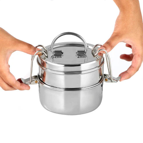 VINOD Stainless Steel Lunch Tiffin with 2 Compartments - 7 Inch Size, Rust Free, Mirror Finish, Tough and Strong Build, Easy to Carry