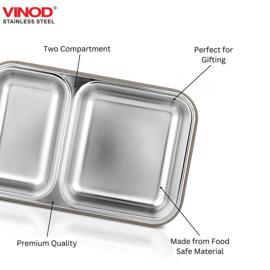VINOD Stainless Steel 2 Compartment Tiffin, Airtight, Leak-Proof, Food-Grade Stainless Steel Tray, Insulated, Lightweight