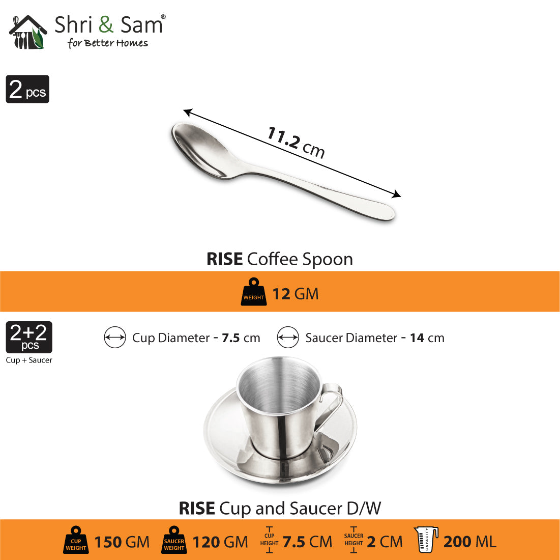 Stainless Steel 2 PCS Double Wall Cup and Saucer Rise